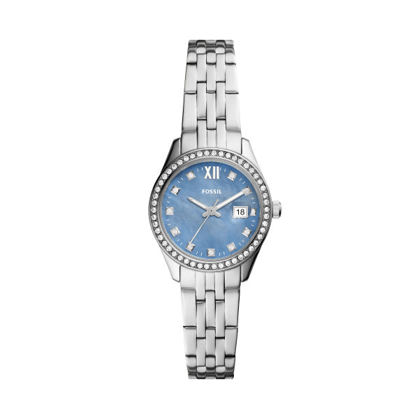 Ladies Stainless Steel Blue Dial Cubic Zirconia Fossil Watch
