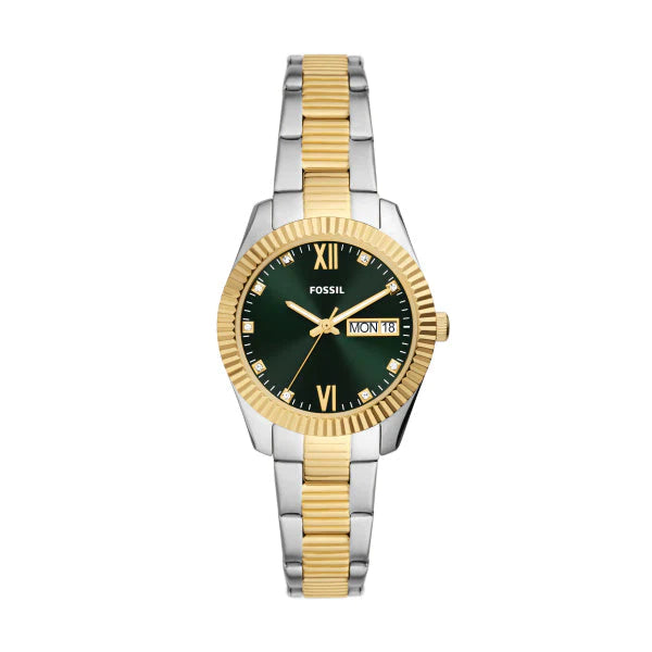 Ladies Fossil 2 Tone Bracelet Green Dial Watch