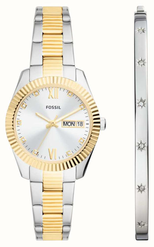 Ladies Fossil Two Tone Watch With Bangle