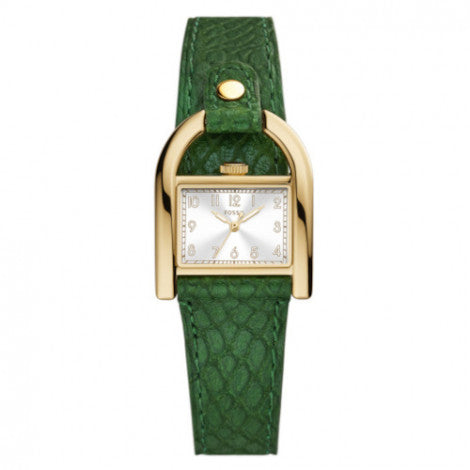 Ladies Fossil Rolled Gold Rectangle Dial With Green Leather Str