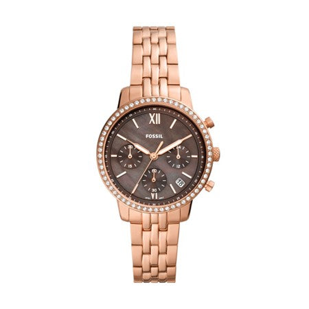 Ladies Fossil Rose Gold Brown Mother Of Pearl Chronograph Watch