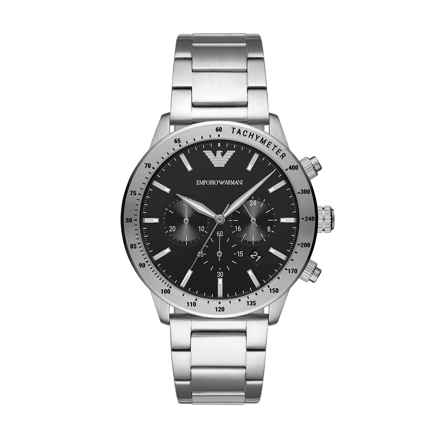 Gents Stainless Steel Bracelet Black Chronograph Dial Armani