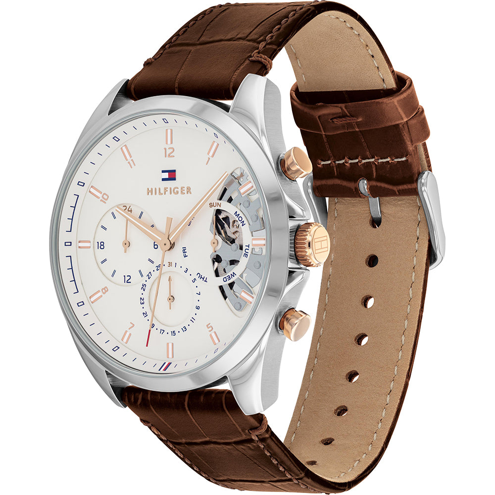 Gents Stainless Steel Brown Strap Silver Dial Baker Tommy Watch
