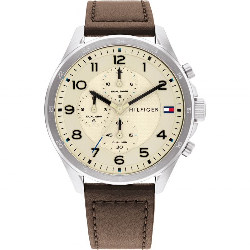 Gents Tommy Hilfiger Cream Chronograph Brown Strap Watch
