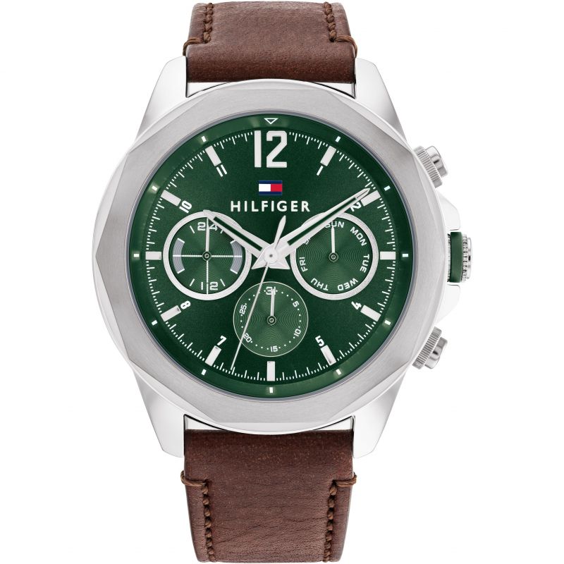 Gents Tommy Hilfiger Green Chronograph Watch With Brown Strap