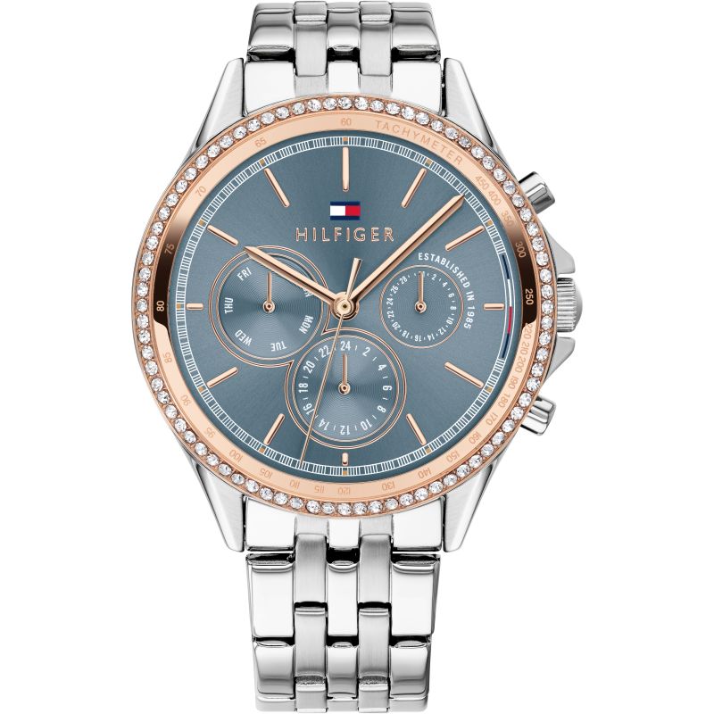 Ladies Stainless Steel Blue Dial Cubic Zirconia Bezel Ari Tommy