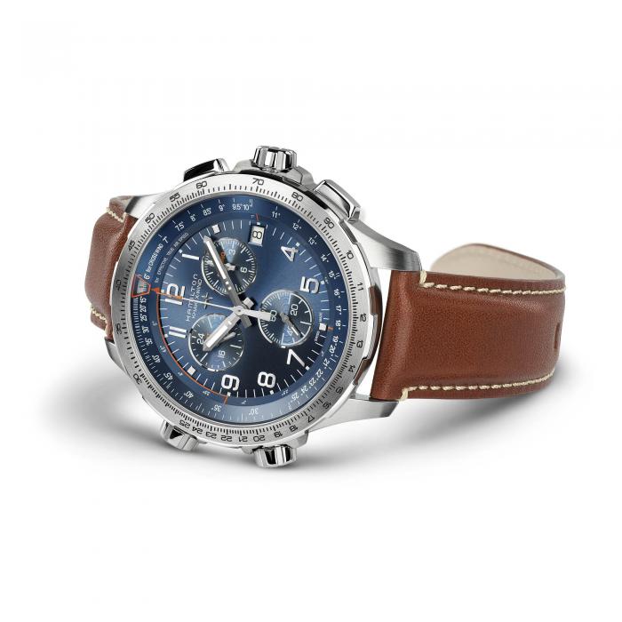 Gents Steel Brown Strap Blue Dial Xwind Gmt Chronograph Hamilton