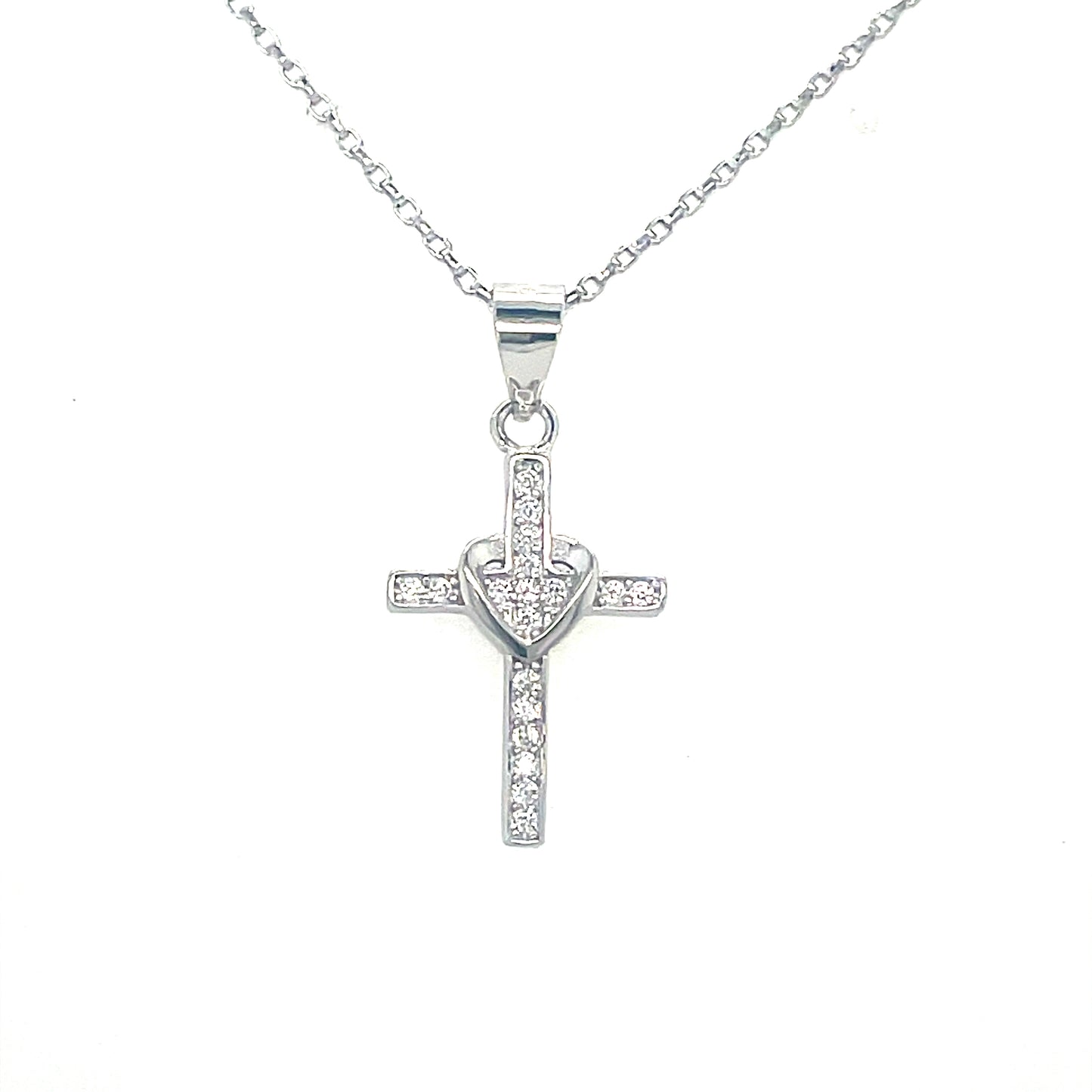 Sterling Silver Cubic Zirconia Cross/Polished Heart Pendant