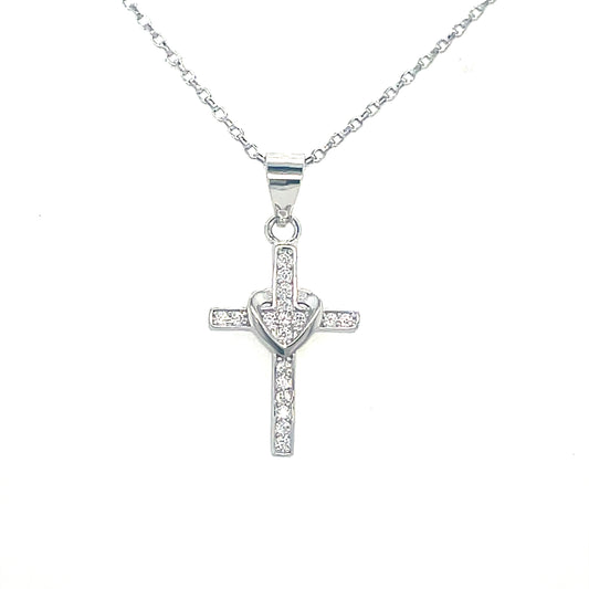 Sterling Silver Cubic Zirconia Cross/Polished Heart Pendant