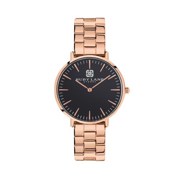 Ruby Lane Rolled Gold Watch Black Dial Rose Gold Case and Bracel