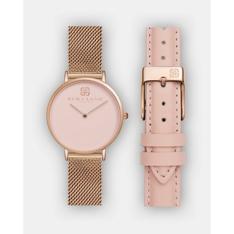 Ruby Lane Rose Gold Mesh Watch Gift Pack with Pink Strap