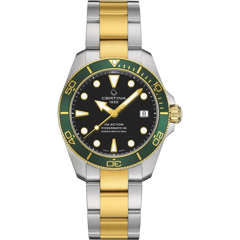 Gents Mixed Bracelet Black Dial Green Bezel 300m Divers Certina