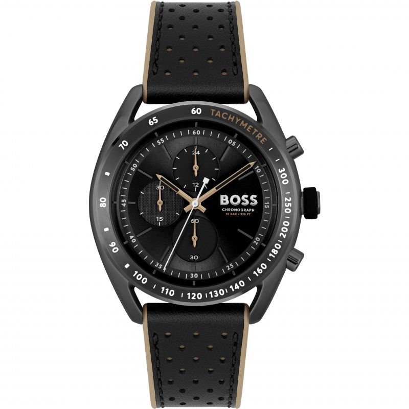 Gents Hugo Boss Black Chronograph Watch With Leather Strap