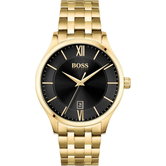Gents Rolled Gold Bracelet Black Dial Elite Hugo Boss Watch