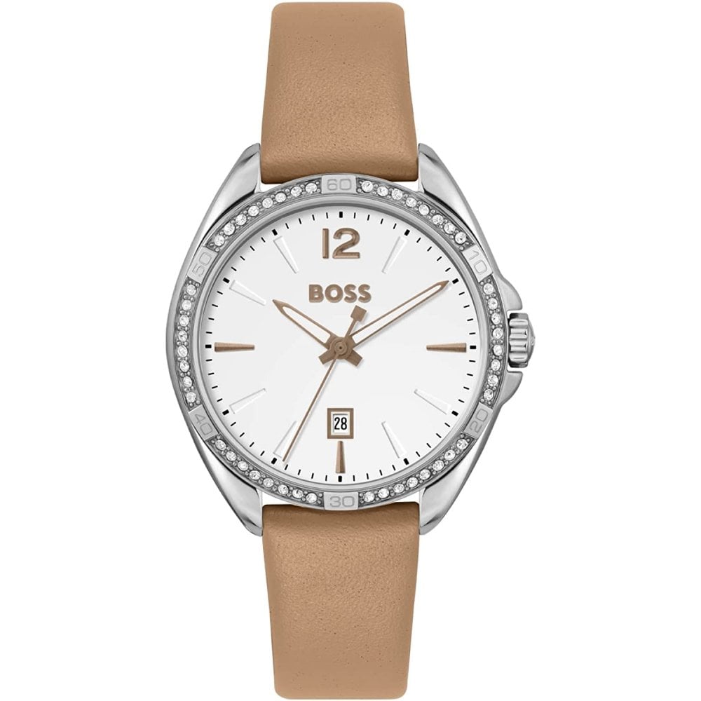Ladies Stainless Steel Hugo Boss Watch Brown Strap Stone Set