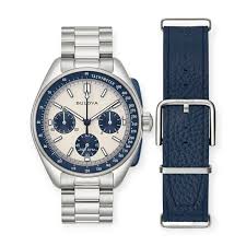 Gents Stainless Steel Bulova Lunar Pilot Blue Chronograph 43.5mm Watch With Dual Strap