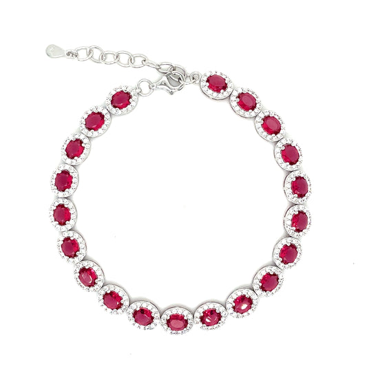 Sterling Silver Oval Red and White Cluster Tennis Bracelet
