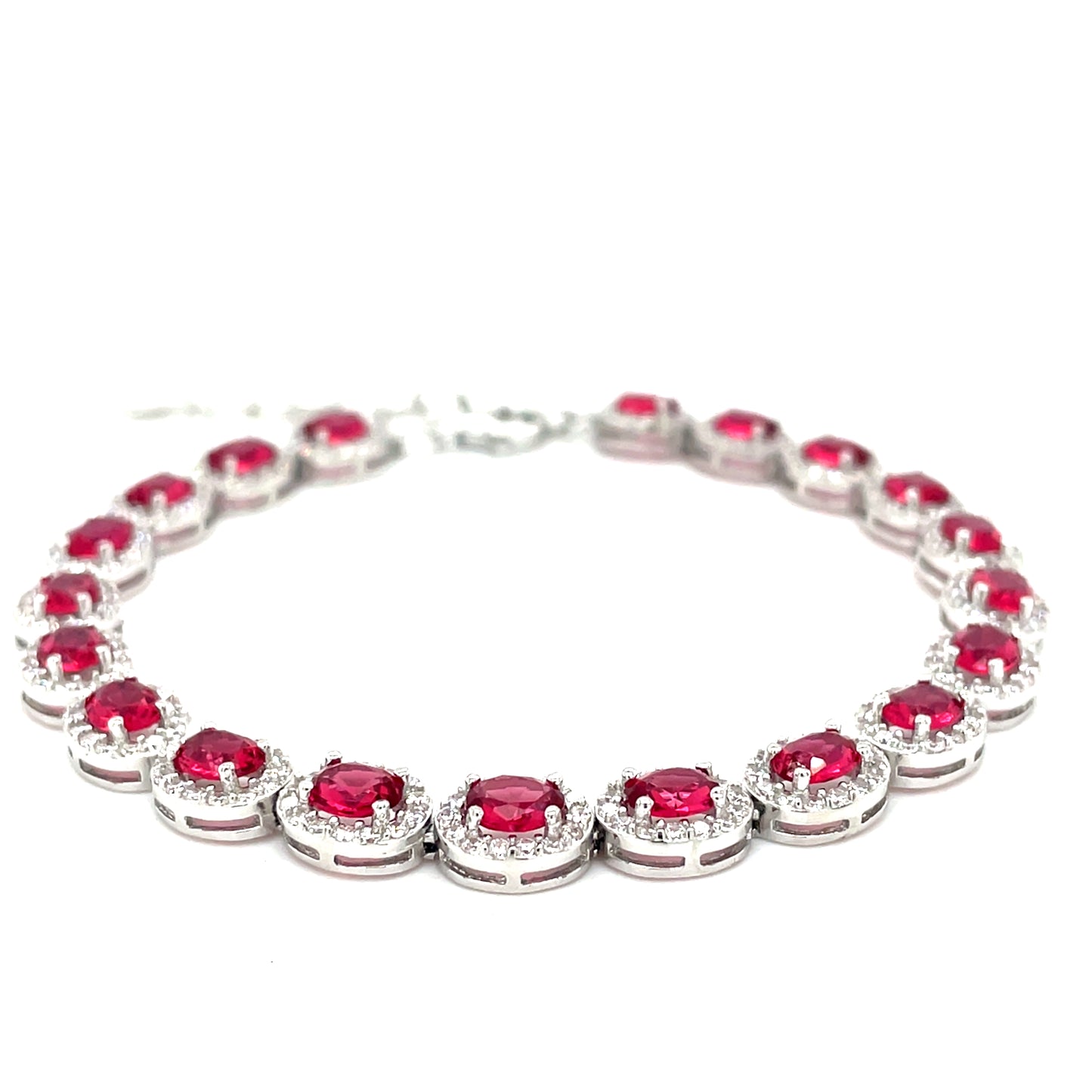 Sterling Silver Oval Red and White Cluster Tennis Bracelet
