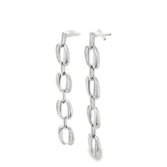 Sterling Silver CZ &  Polished Open Oval Link Drop Earrings