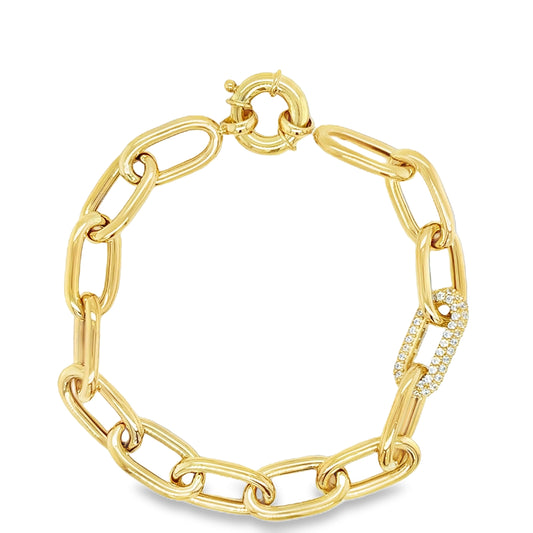 9ct Yellow Gold Open Oval Link Bracelet with Pave CZ Link and Bolt Ring