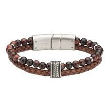 Gents Steelwear Stainless Steel Madrid Leather & Bead  Bracelet