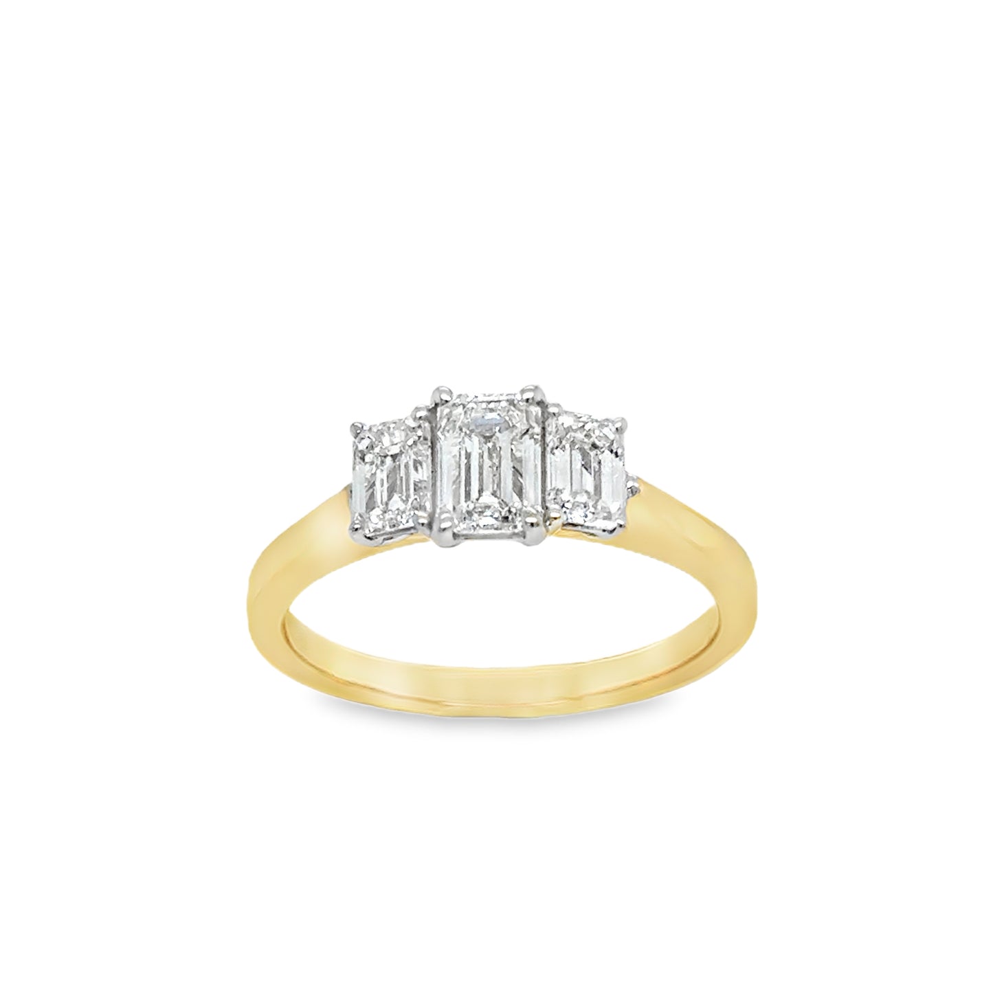 9ct 3 Stone Emerald Cut Cultured Diamond Ring 1.10ct