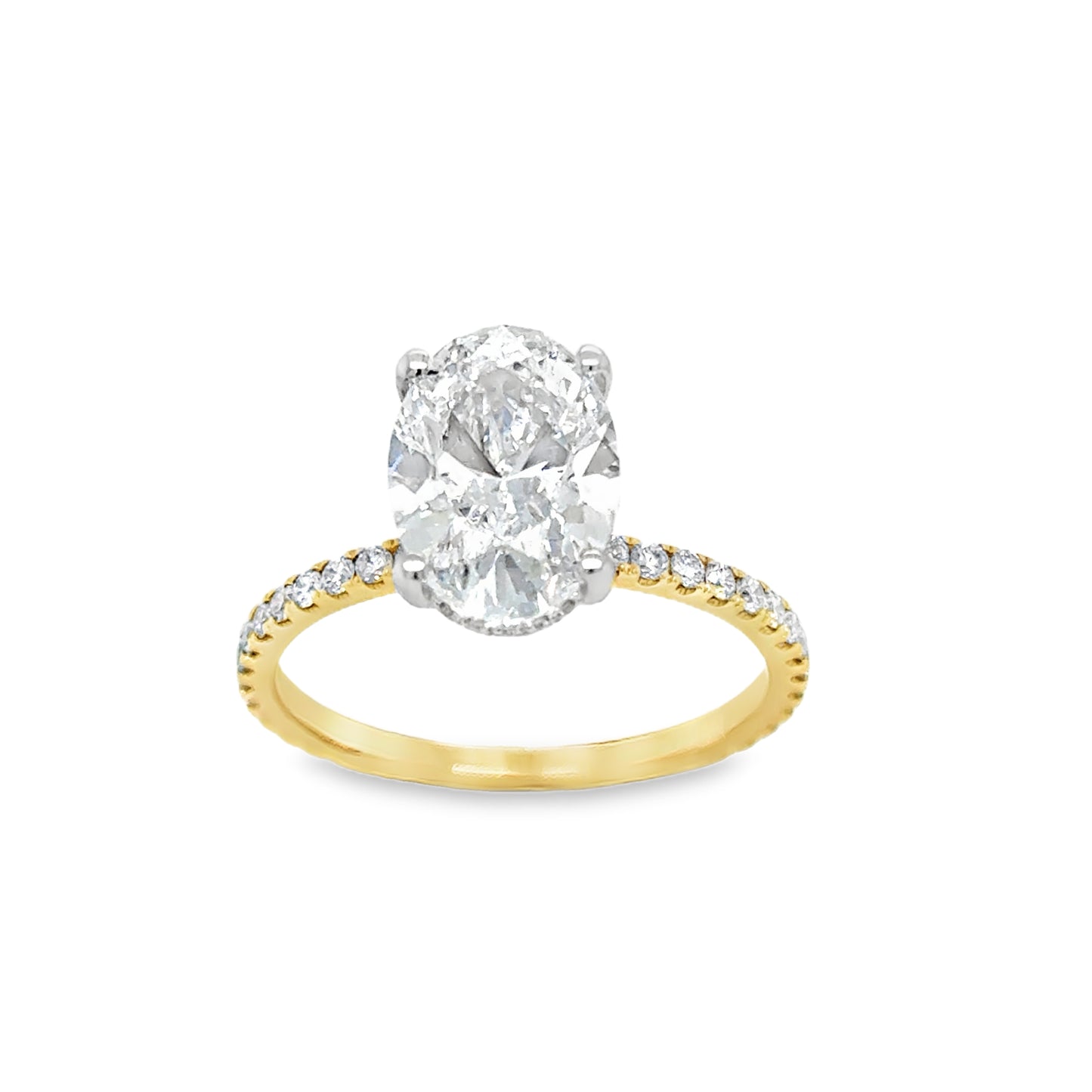 18ct Oval Solitaire Cultured Diamond Ring With Hidden Halo & Shoulders 2.57ct