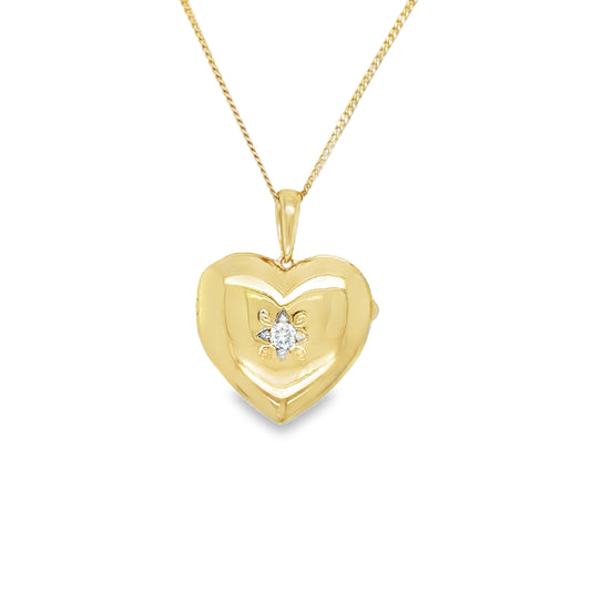 9ct Yellow Gold Heart Locket with Cultured Diamond Centre .05ct