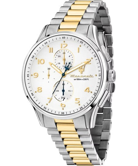 Gents Two Tone Maserati Sorpa 42mm White Dial Chronograph Watch