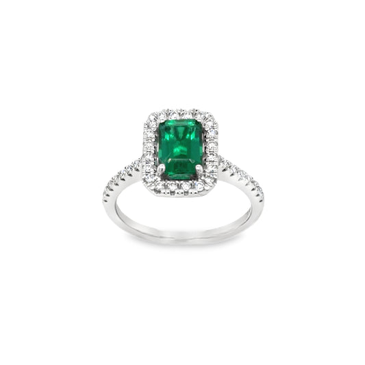 9ct White Gold Emerald Cut Cultured Emerald and Cultured Diamond Cluster Ring.25ct