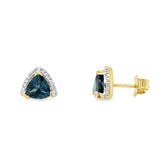 9ct Yellow Gold Trillion Cut London Blue Topaz Earrings with Diamond Halo .07ct
