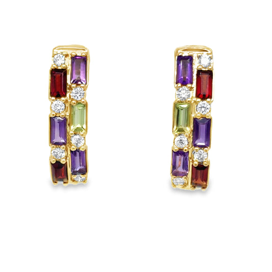 9ct Yellow Gold Amethyst, Peridot, Garnet and Diamond Huggy Earring .25ct
