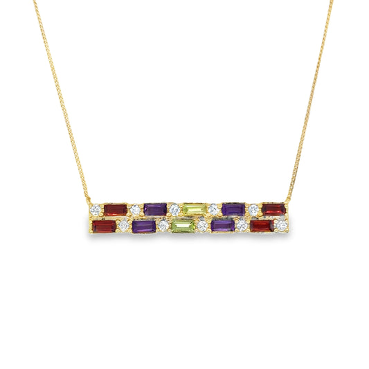 9ct Yellow Gold Baguette Cut Amethyst, Peridot, and Garnet with Round Diamond Bar Necklet .25ct