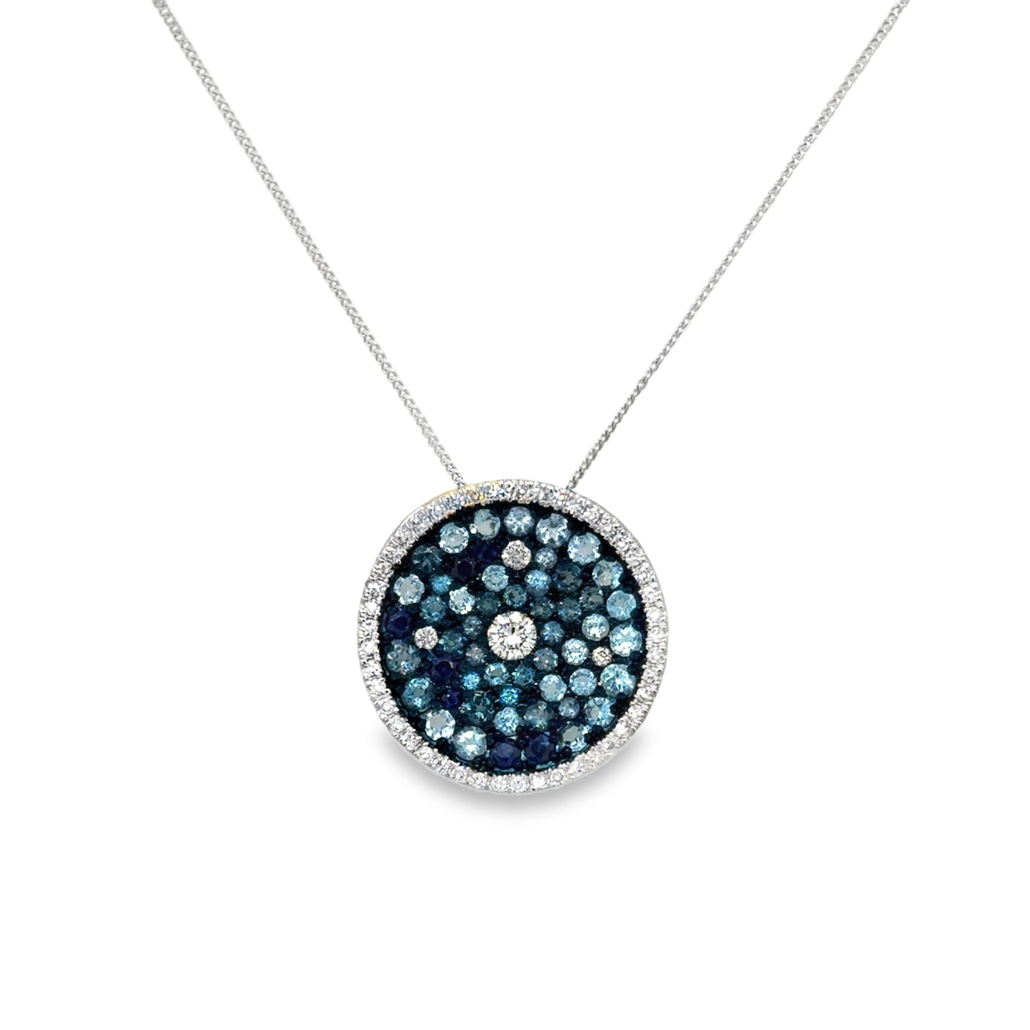 9ct White Gold Round London Blue Topaz, Blue Swiss Topaz and Sapphire Pendant, Diamond Halo .30ct