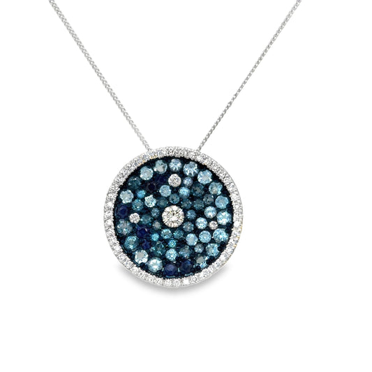 9ct White Gold Round London Blue Topaz, Blue Swiss Topaz and Sapphire Pendant, Diamond Halo .30ct