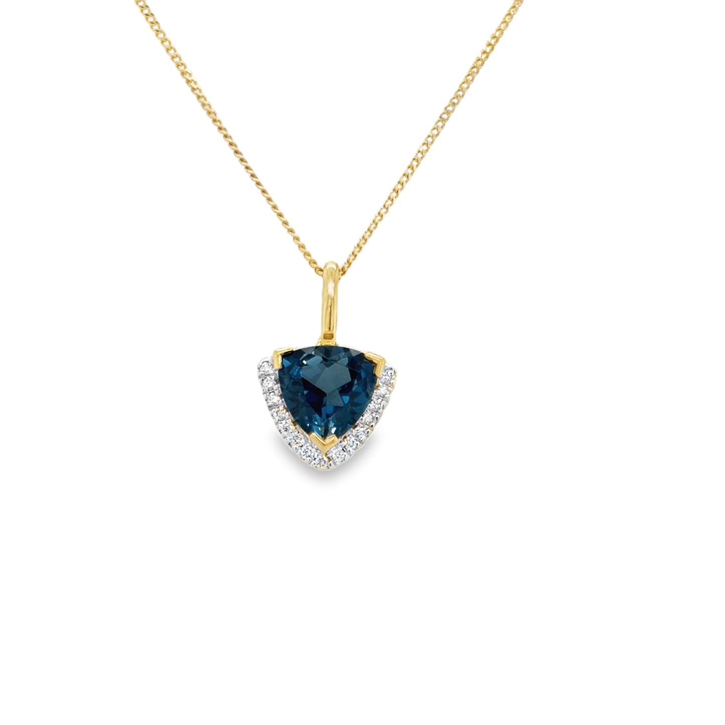 9ct Yellow gold Trillion Cut London Blue Topaz Pendant with Diamond Halo .05ct