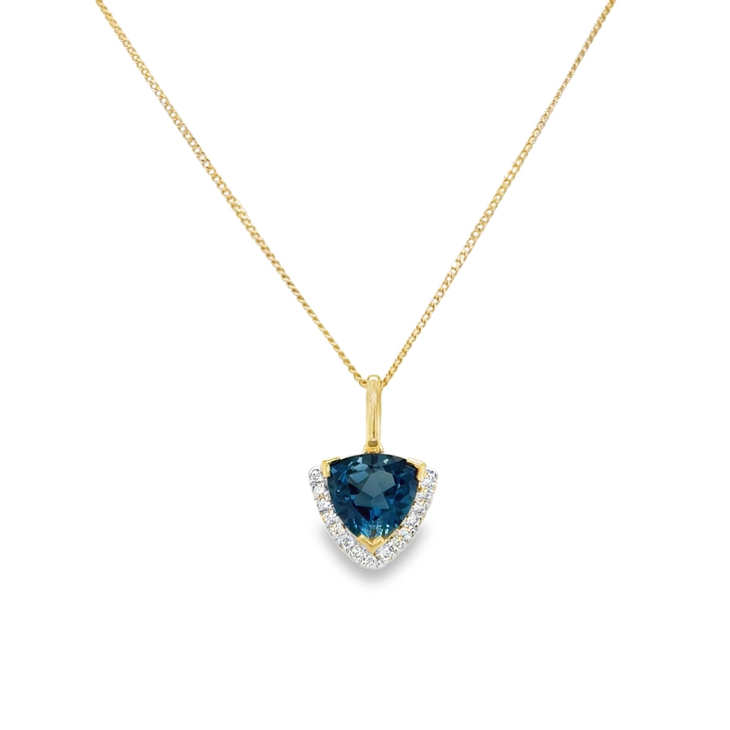 9ct Yellow gold Trillion Cut London Blue Topaz Pendant with Diamond Halo .05ct