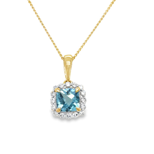 9ct Yellow Gold Cushion Cut Sky Blue Topaz Pendant with Diamond Halo .10ct