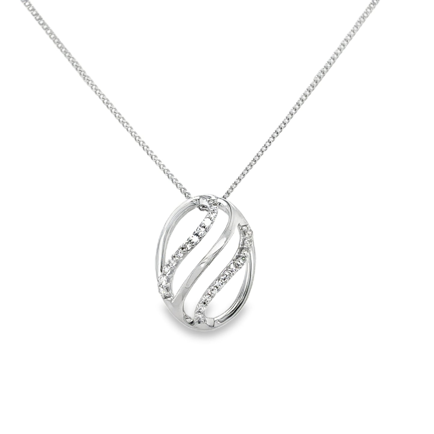 9ct White Gold Open Oval Swirl Diamond Pendant .08ct