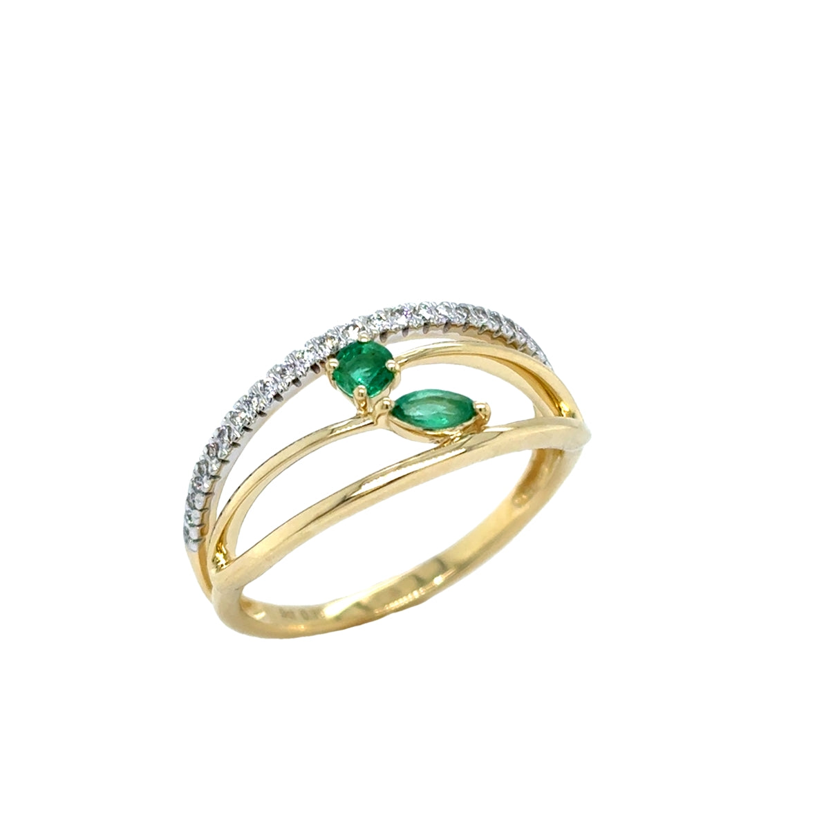 9ct Yellow Gold Diamond Wrap Ring with Emerald Detail .10ct