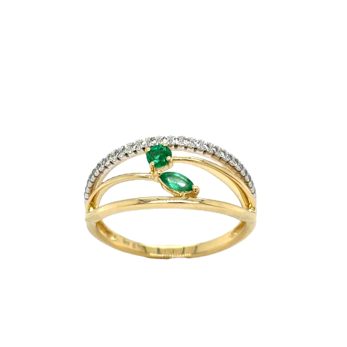 9ct Yellow Gold Diamond Wrap Ring with Emerald Detail .10ct