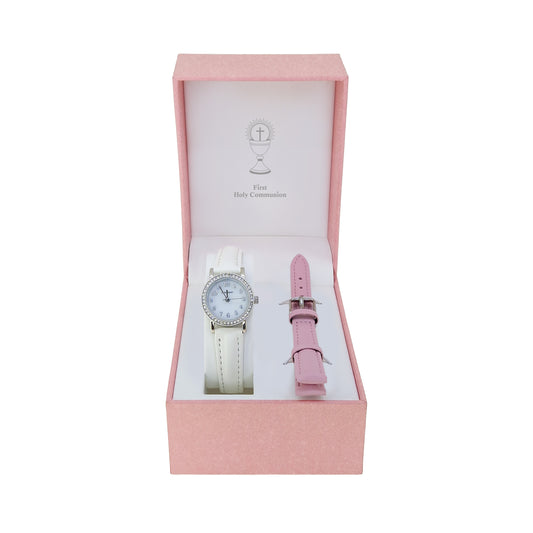 Kids Round Stainless Steel Stone Set Bezel With Mother Of Pearl Dial Harrison Communion Extra Pink S