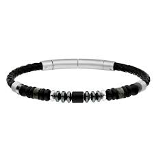 Steelwear Black Leather Steel and Black Bead Bracelet