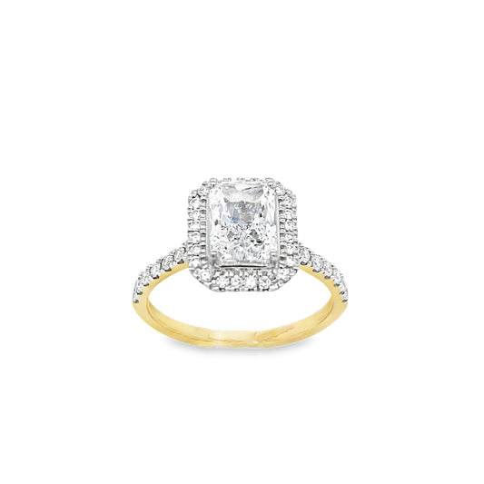 18ct Radiant Cut Solitaire Cultured Diamond Ring with Cultured Diamond Set Halo and Shoulders 1.88ct
