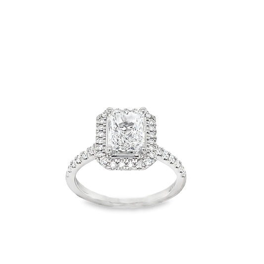 Platinum Radiant Cut Solitaire Cultured Diamond Ring with Cultured Diamond Halo and Shoulders 1.95ct