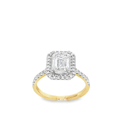 18ct Emerald Cut Halo Cultured Diamond Ring With Shoulders 1.86ct