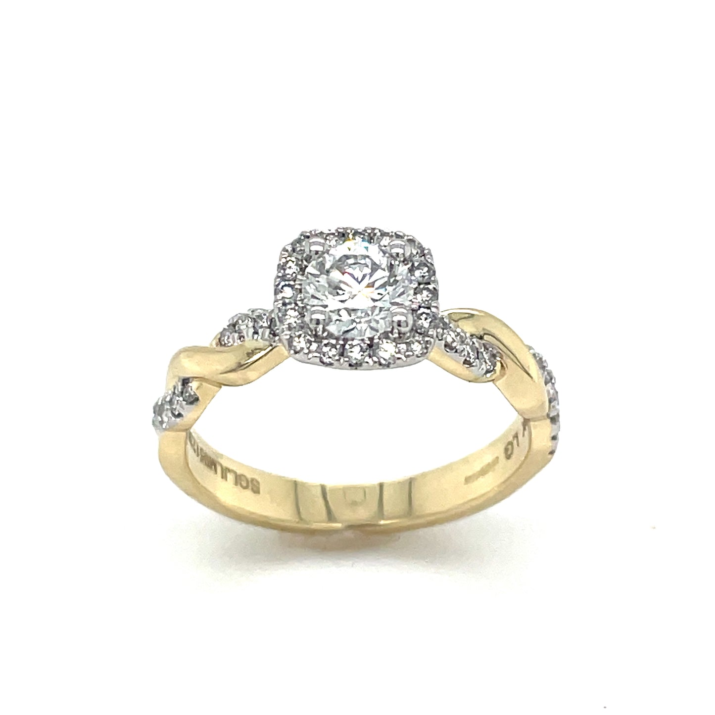 9ct Cushion Halo Diamond Cultured Ring With Twisted Cultured Diamond Shoulders .75ct