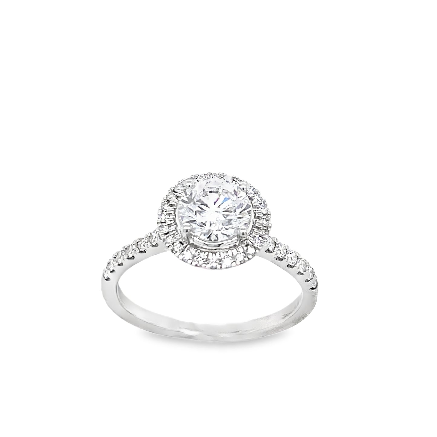 9ct White Gold Round Brilliant Cultured  Diamond Ring with Diamond Set Halo and Shoulders 1.30ct