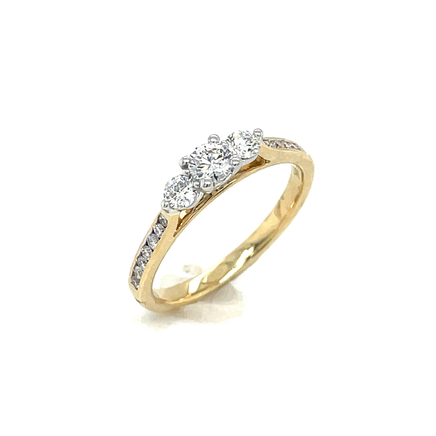 9ct Gold Three Stone Round Brilliant Diamond Ring with Channel Set Shoulders .50ct