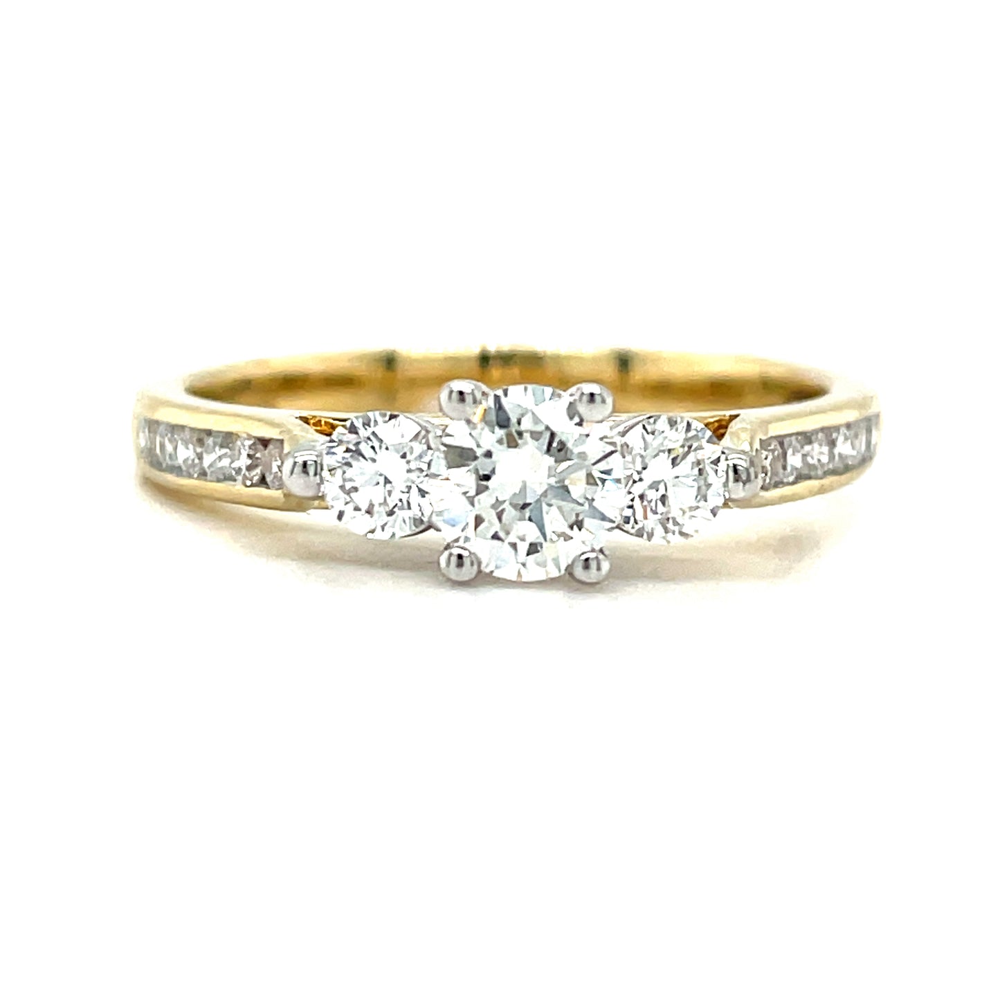 9ct Gold Three Stone Round Brilliant Diamond Ring With Channel Set Shoulders .75ct